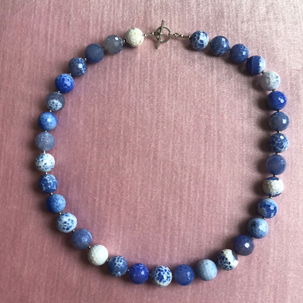 Blue and white faceted glass bead necklace